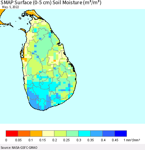 Sri Lanka SMAP Surface (0-5 cm) Soil Moisture (m³/m³) Thematic Map For 5/1/2022 - 5/5/2022