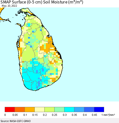 Sri Lanka SMAP Surface (0-5 cm) Soil Moisture (m³/m³) Thematic Map For 5/6/2022 - 5/10/2022