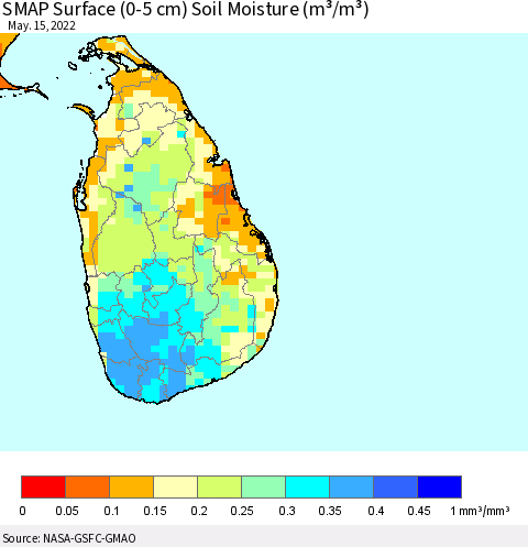 Sri Lanka SMAP Surface (0-5 cm) Soil Moisture (m³/m³) Thematic Map For 5/11/2022 - 5/15/2022