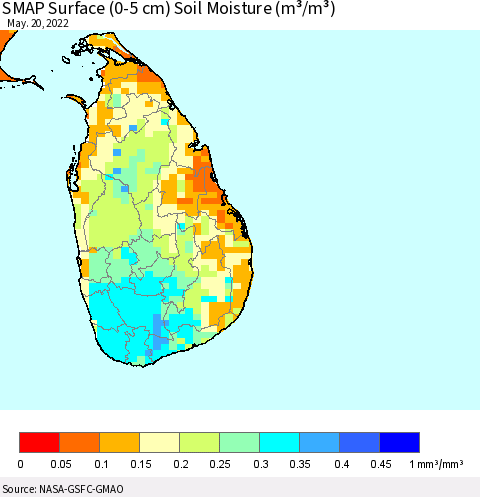 Sri Lanka SMAP Surface (0-5 cm) Soil Moisture (m³/m³) Thematic Map For 5/16/2022 - 5/20/2022