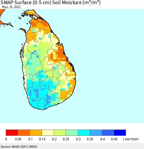 Sri Lanka SMAP Surface (0-5 cm) Soil Moisture (m³/m³) Thematic Map For 5/21/2022 - 5/25/2022
