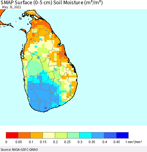 Sri Lanka SMAP Surface (0-5 cm) Soil Moisture (m³/m³) Thematic Map For 5/26/2022 - 5/31/2022