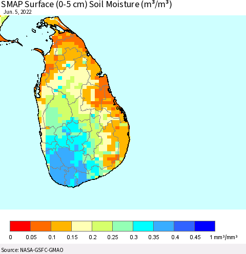 Sri Lanka SMAP Surface (0-5 cm) Soil Moisture (m³/m³) Thematic Map For 6/1/2022 - 6/5/2022