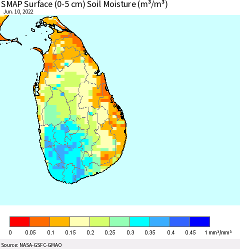 Sri Lanka SMAP Surface (0-5 cm) Soil Moisture (m³/m³) Thematic Map For 6/6/2022 - 6/10/2022