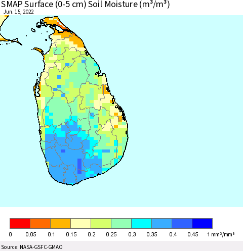Sri Lanka SMAP Surface (0-5 cm) Soil Moisture (m³/m³) Thematic Map For 6/11/2022 - 6/15/2022