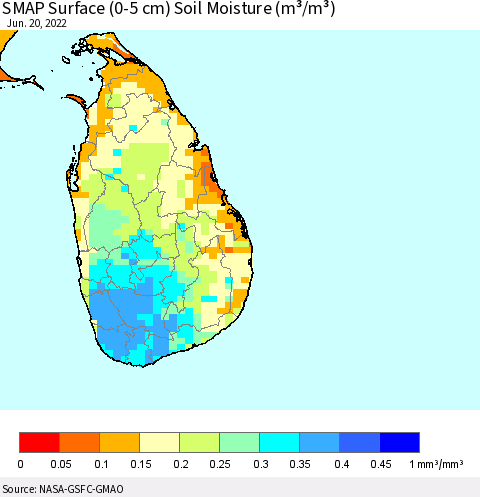 Sri Lanka SMAP Surface (0-5 cm) Soil Moisture (m³/m³) Thematic Map For 6/16/2022 - 6/20/2022