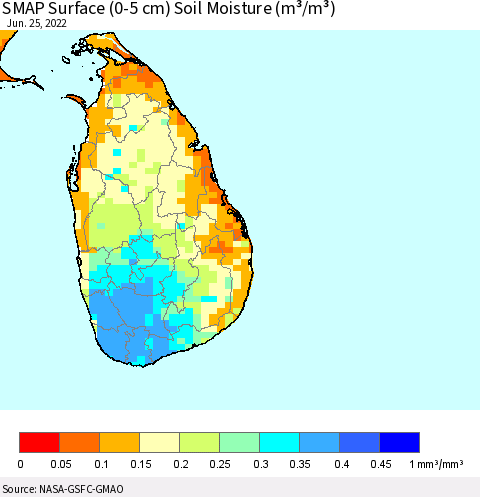 Sri Lanka SMAP Surface (0-5 cm) Soil Moisture (m³/m³) Thematic Map For 6/21/2022 - 6/25/2022
