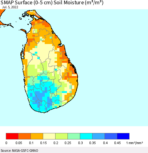 Sri Lanka SMAP Surface (0-5 cm) Soil Moisture (m³/m³) Thematic Map For 7/1/2022 - 7/5/2022