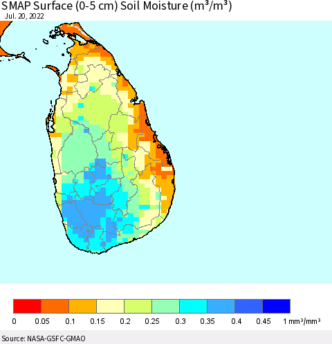 Sri Lanka SMAP Surface (0-5 cm) Soil Moisture (m³/m³) Thematic Map For 7/16/2022 - 7/20/2022
