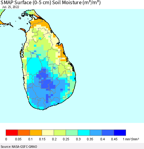 Sri Lanka SMAP Surface (0-5 cm) Soil Moisture (m³/m³) Thematic Map For 7/21/2022 - 7/25/2022