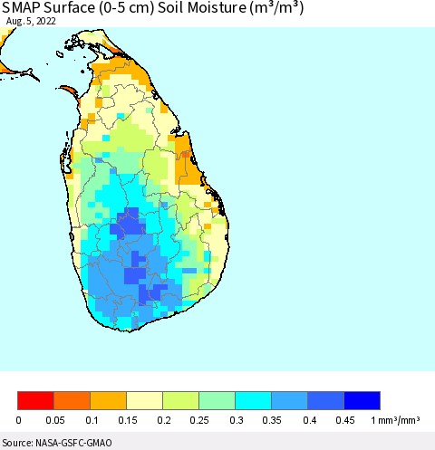 Sri Lanka SMAP Surface (0-5 cm) Soil Moisture (m³/m³) Thematic Map For 8/1/2022 - 8/5/2022