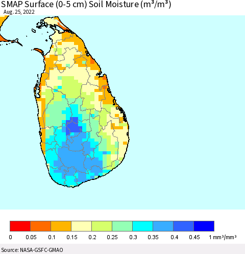 Sri Lanka SMAP Surface (0-5 cm) Soil Moisture (m³/m³) Thematic Map For 8/21/2022 - 8/25/2022