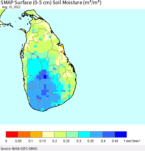 Sri Lanka SMAP Surface (0-5 cm) Soil Moisture (m³/m³) Thematic Map For 8/26/2022 - 8/31/2022