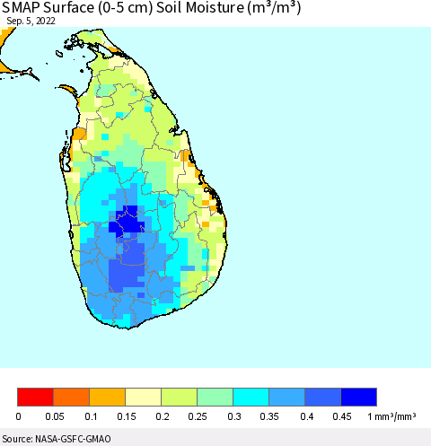 Sri Lanka SMAP Surface (0-5 cm) Soil Moisture (m³/m³) Thematic Map For 9/1/2022 - 9/5/2022