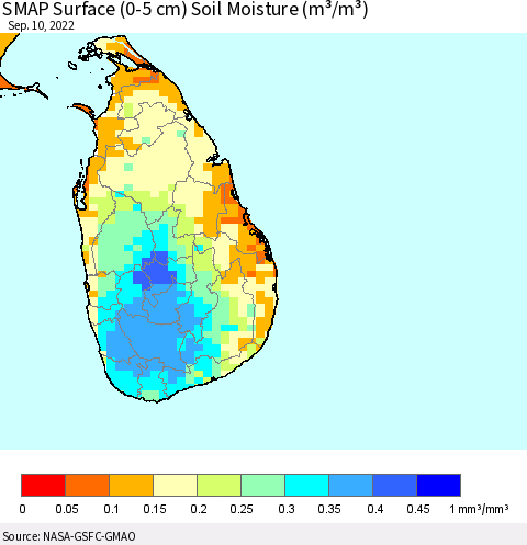 Sri Lanka SMAP Surface (0-5 cm) Soil Moisture (m³/m³) Thematic Map For 9/6/2022 - 9/10/2022