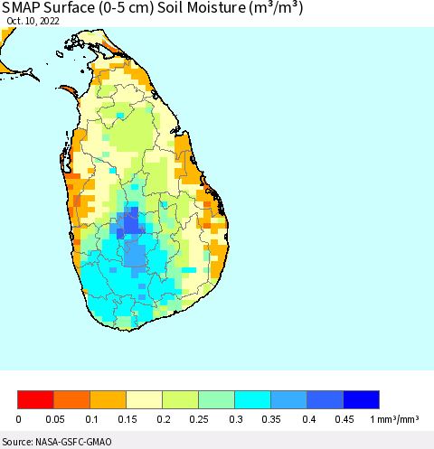 Sri Lanka SMAP Surface (0-5 cm) Soil Moisture (m³/m³) Thematic Map For 10/6/2022 - 10/10/2022