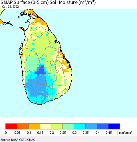 Sri Lanka SMAP Surface (0-5 cm) Soil Moisture (m³/m³) Thematic Map For 10/11/2022 - 10/15/2022