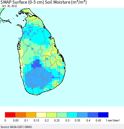 Sri Lanka SMAP Surface (0-5 cm) Soil Moisture (m³/m³) Thematic Map For 10/16/2022 - 10/20/2022