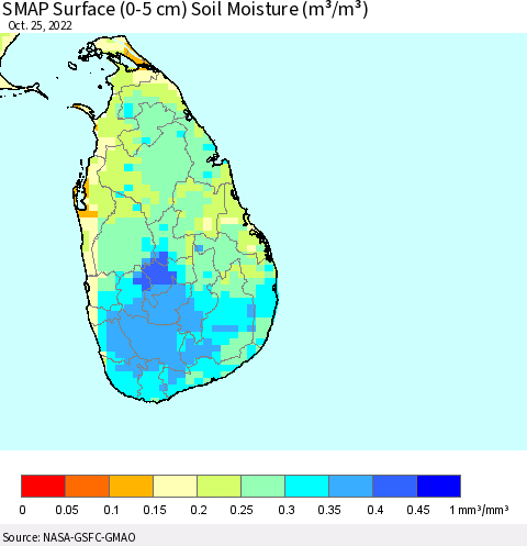 Sri Lanka SMAP Surface (0-5 cm) Soil Moisture (m³/m³) Thematic Map For 10/21/2022 - 10/25/2022