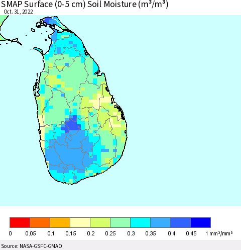 Sri Lanka SMAP Surface (0-5 cm) Soil Moisture (m³/m³) Thematic Map For 10/26/2022 - 10/31/2022