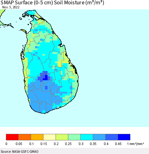 Sri Lanka SMAP Surface (0-5 cm) Soil Moisture (m³/m³) Thematic Map For 11/1/2022 - 11/5/2022