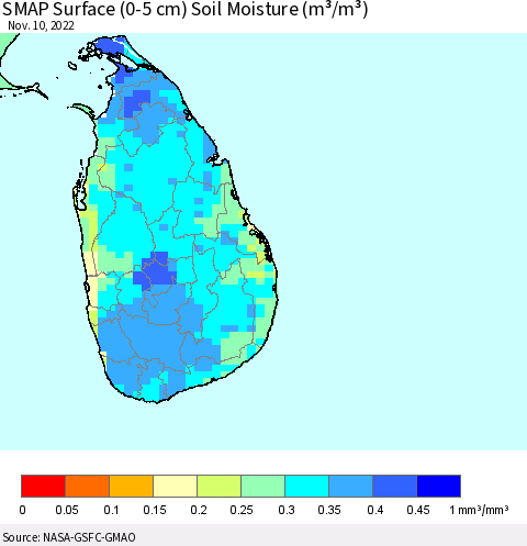 Sri Lanka SMAP Surface (0-5 cm) Soil Moisture (m³/m³) Thematic Map For 11/6/2022 - 11/10/2022