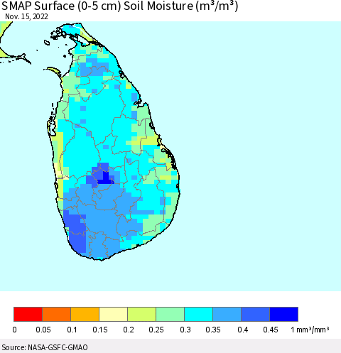 Sri Lanka SMAP Surface (0-5 cm) Soil Moisture (m³/m³) Thematic Map For 11/11/2022 - 11/15/2022
