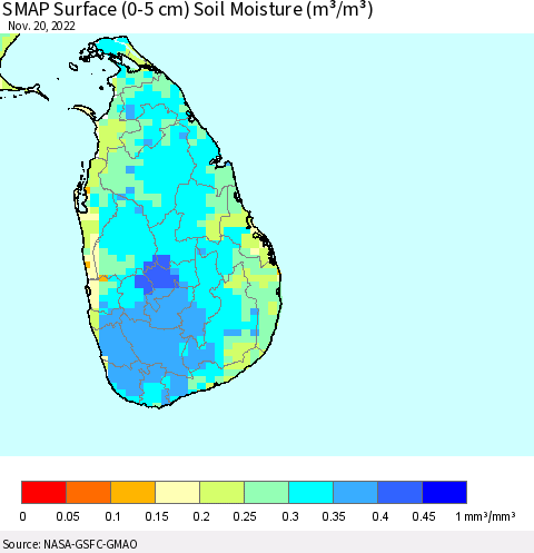 Sri Lanka SMAP Surface (0-5 cm) Soil Moisture (m³/m³) Thematic Map For 11/16/2022 - 11/20/2022