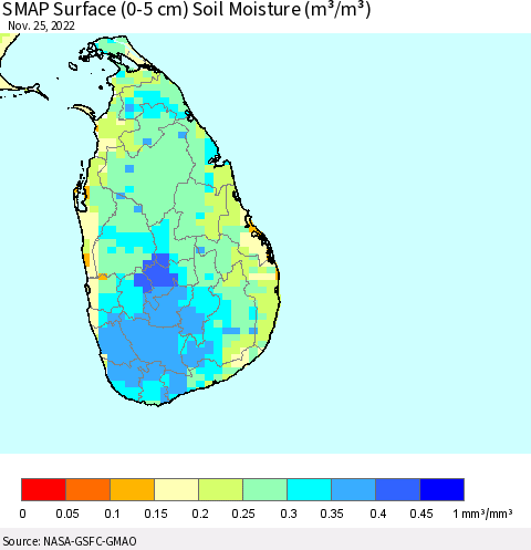 Sri Lanka SMAP Surface (0-5 cm) Soil Moisture (m³/m³) Thematic Map For 11/21/2022 - 11/25/2022