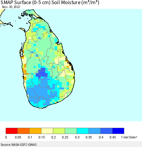 Sri Lanka SMAP Surface (0-5 cm) Soil Moisture (m³/m³) Thematic Map For 11/26/2022 - 11/30/2022