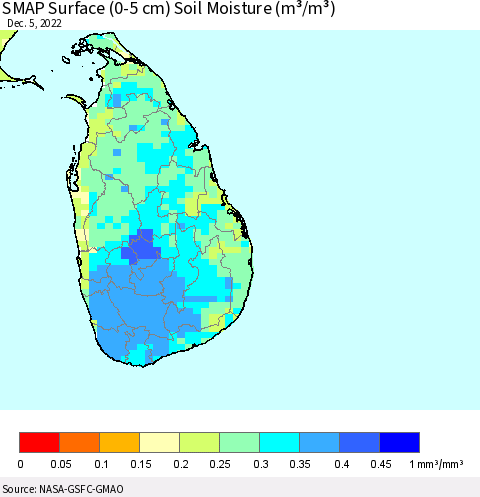 Sri Lanka SMAP Surface (0-5 cm) Soil Moisture (m³/m³) Thematic Map For 12/1/2022 - 12/5/2022