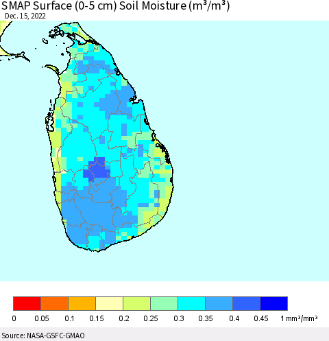 Sri Lanka SMAP Surface (0-5 cm) Soil Moisture (m³/m³) Thematic Map For 12/11/2022 - 12/15/2022