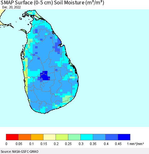 Sri Lanka SMAP Surface (0-5 cm) Soil Moisture (m³/m³) Thematic Map For 12/16/2022 - 12/20/2022