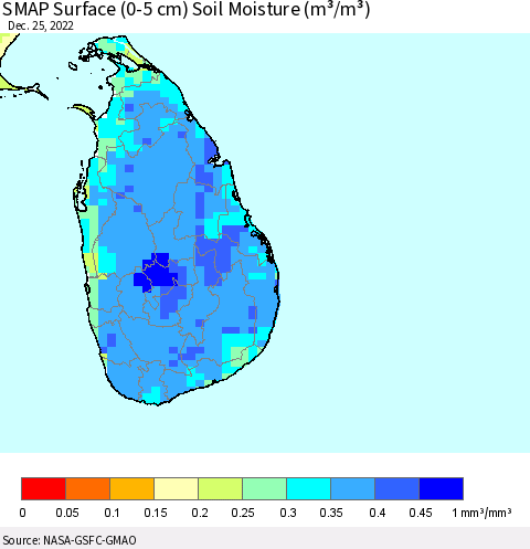Sri Lanka SMAP Surface (0-5 cm) Soil Moisture (m³/m³) Thematic Map For 12/21/2022 - 12/25/2022