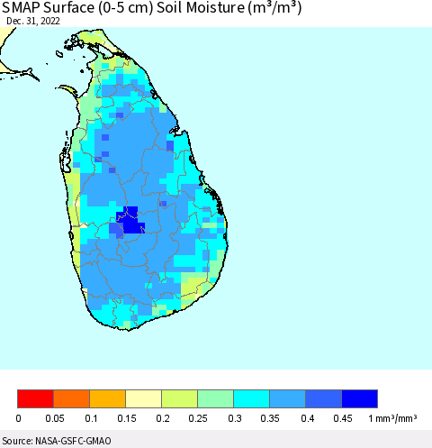 Sri Lanka SMAP Surface (0-5 cm) Soil Moisture (m³/m³) Thematic Map For 12/26/2022 - 12/31/2022