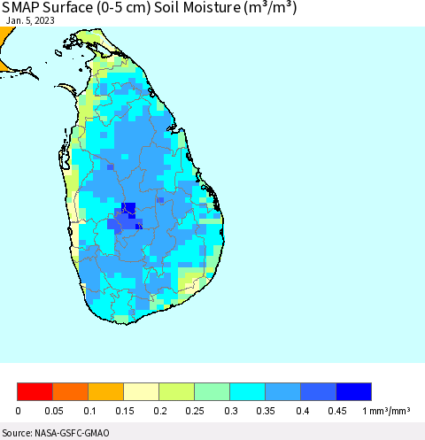 Sri Lanka SMAP Surface (0-5 cm) Soil Moisture (m³/m³) Thematic Map For 1/1/2023 - 1/5/2023