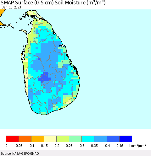Sri Lanka SMAP Surface (0-5 cm) Soil Moisture (m³/m³) Thematic Map For 1/6/2023 - 1/10/2023