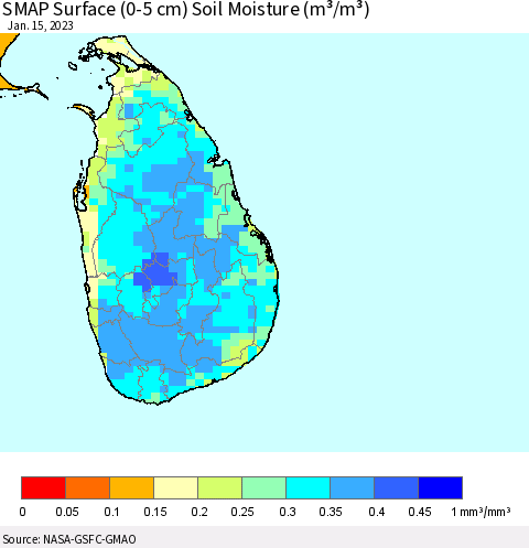 Sri Lanka SMAP Surface (0-5 cm) Soil Moisture (m³/m³) Thematic Map For 1/11/2023 - 1/15/2023