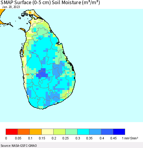 Sri Lanka SMAP Surface (0-5 cm) Soil Moisture (m³/m³) Thematic Map For 1/16/2023 - 1/20/2023