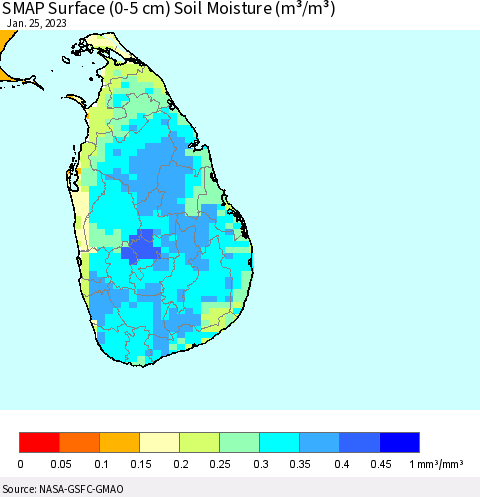 Sri Lanka SMAP Surface (0-5 cm) Soil Moisture (m³/m³) Thematic Map For 1/21/2023 - 1/25/2023