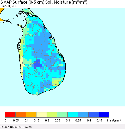 Sri Lanka SMAP Surface (0-5 cm) Soil Moisture (m³/m³) Thematic Map For 1/26/2023 - 1/31/2023