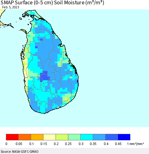 Sri Lanka SMAP Surface (0-5 cm) Soil Moisture (m³/m³) Thematic Map For 2/1/2023 - 2/5/2023