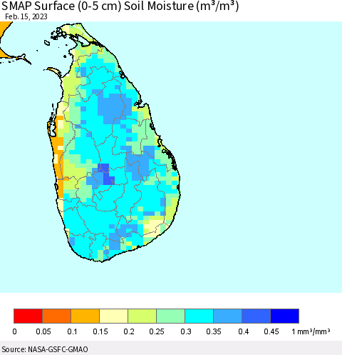 Sri Lanka SMAP Surface (0-5 cm) Soil Moisture (m³/m³) Thematic Map For 2/11/2023 - 2/15/2023