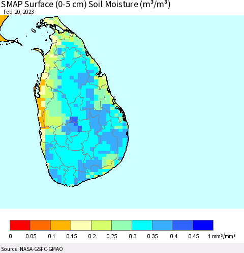 Sri Lanka SMAP Surface (0-5 cm) Soil Moisture (m³/m³) Thematic Map For 2/16/2023 - 2/20/2023