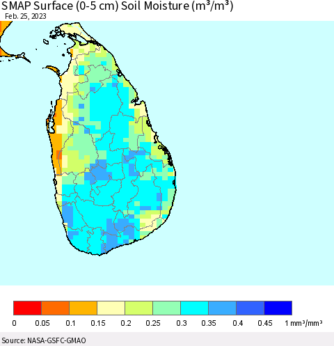 Sri Lanka SMAP Surface (0-5 cm) Soil Moisture (m³/m³) Thematic Map For 2/21/2023 - 2/25/2023