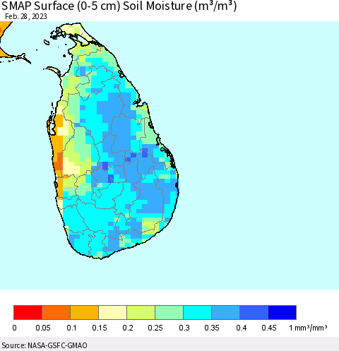 Sri Lanka SMAP Surface (0-5 cm) Soil Moisture (m³/m³) Thematic Map For 2/26/2023 - 2/28/2023