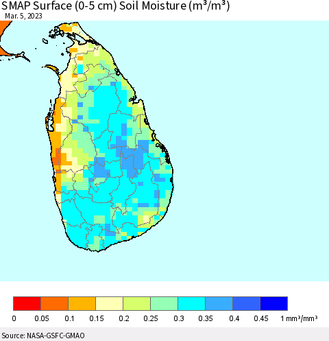 Sri Lanka SMAP Surface (0-5 cm) Soil Moisture (m³/m³) Thematic Map For 3/1/2023 - 3/5/2023