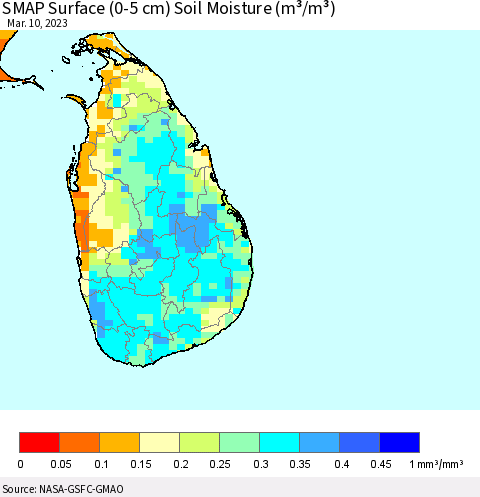 Sri Lanka SMAP Surface (0-5 cm) Soil Moisture (m³/m³) Thematic Map For 3/6/2023 - 3/10/2023