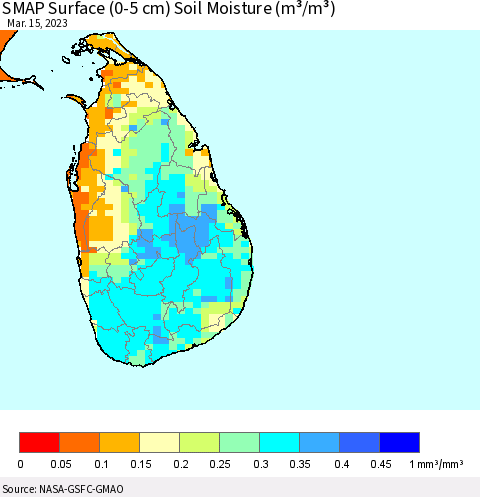 Sri Lanka SMAP Surface (0-5 cm) Soil Moisture (m³/m³) Thematic Map For 3/11/2023 - 3/15/2023