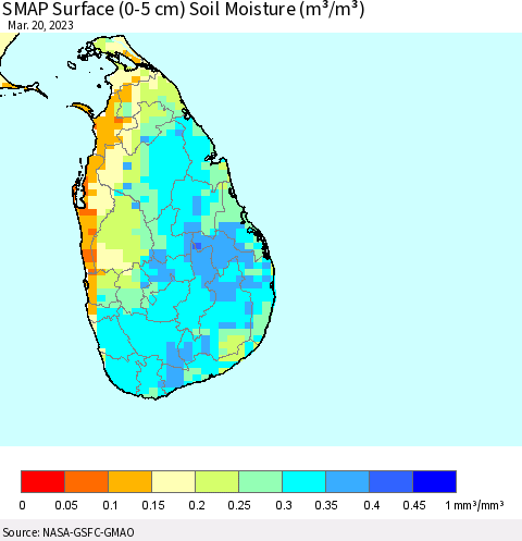 Sri Lanka SMAP Surface (0-5 cm) Soil Moisture (m³/m³) Thematic Map For 3/16/2023 - 3/20/2023